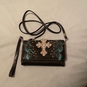 Trifold wristlet/ wallet  & crossbody.  Bling with turquoise & black.